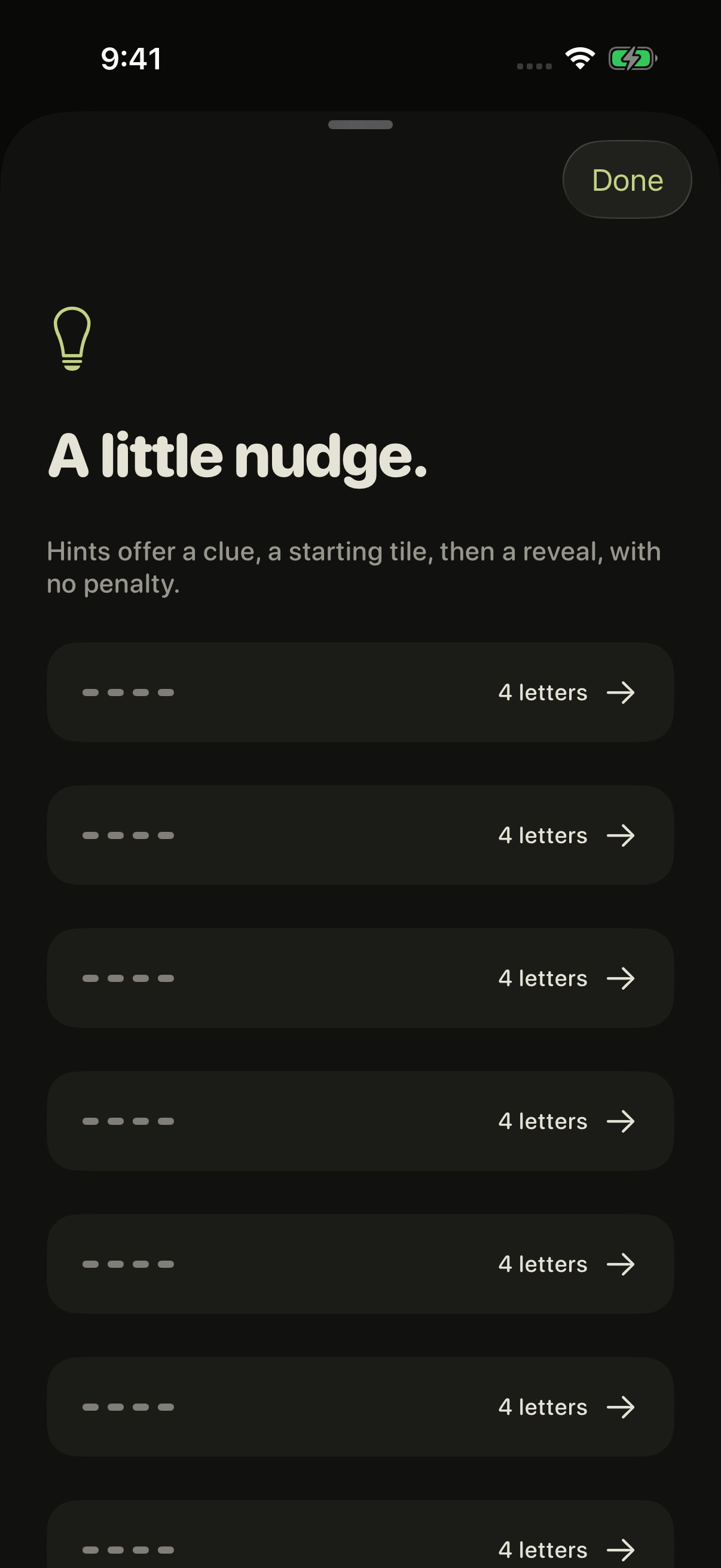The app’s A little nudge screen offers a clue, a starting tile, then a reveal, with no penalty.